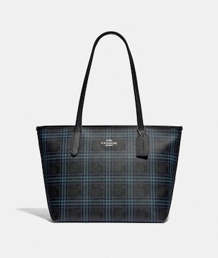 ZIP TOP TOTE IN SIGNATURE CANVAS WITH SHIRTING PLAID PRINT